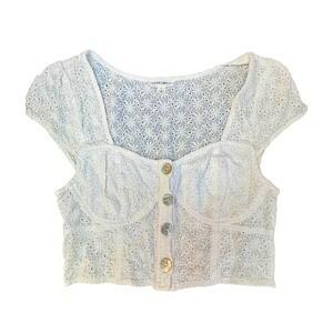 Cotton Candy LA White‎ Eyelet Button Front Crop Top Small Floral Embroidery